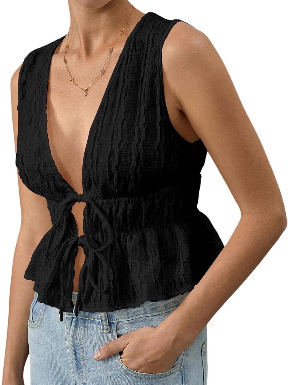 Black V-Neck Tie-Waist Top